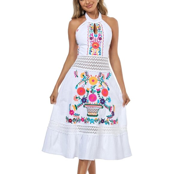 Women's Cotton Embroidered Off Shoulder Maxi Dress Casual Beach Summer